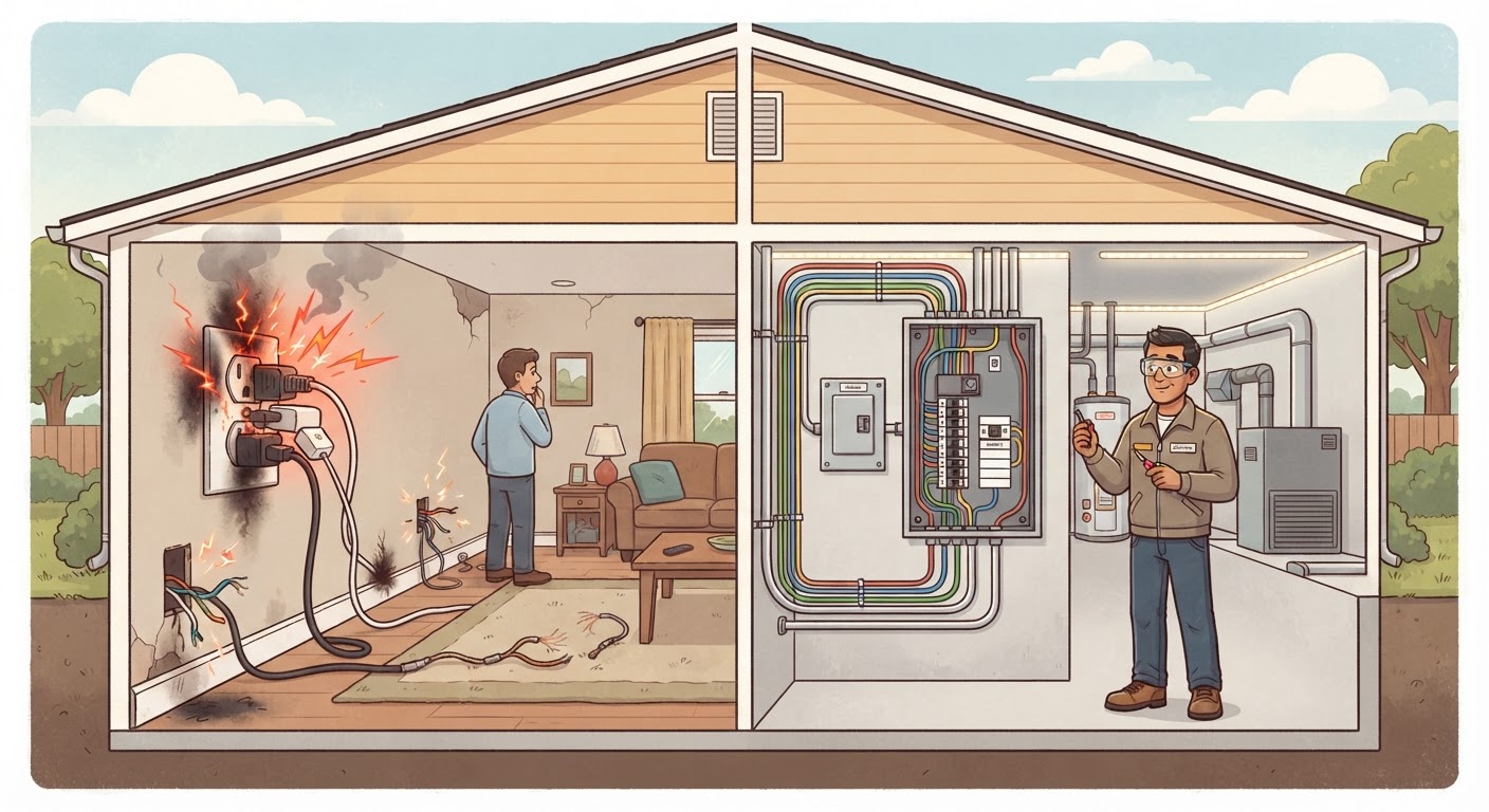 Rajz egy lakásról, ahol láthatóak az elektromos veszélyforrások, például szikrázó aljzat és régi vezetékek, szemben egy biztonságos, modern elektromos elosztótáblával.